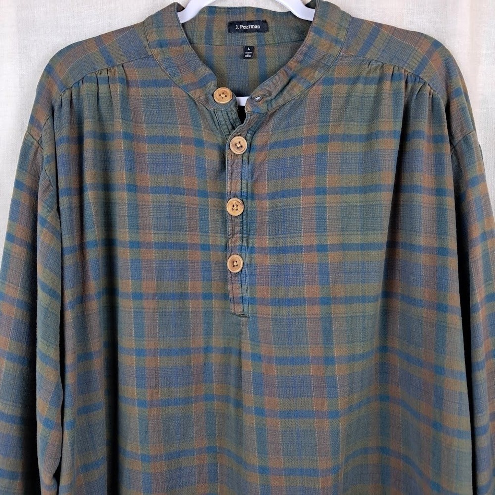 J Peterman Mens L Plaid Henley Band Collar Pullover Shirt Green Blue Grandfather